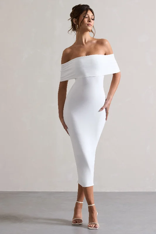 Sheath Women Dress with a Tailored Fit for a Professional LookAverie | White Bodycon Bardot Midi Dress Sheath Women Dress with a Tailored Fit for a Professional LookAverie | White Bodycon Bardot Midi Dress