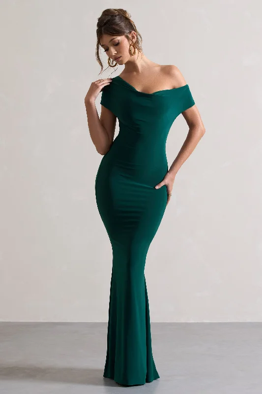 Pleated Women Dress with a Timeless and Elegant TextureAvila | Bottle Green Asymmetric Bardot Maxi Dress Pleated Women Dress with a Timeless and Elegant TextureAvila | Bottle Green Asymmetric Bardot Maxi Dress