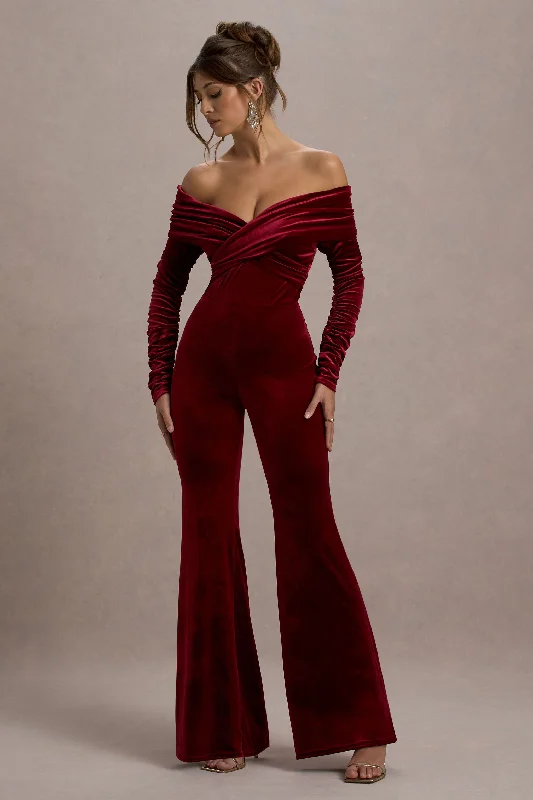Women jumpsuits with cold - shoulder sleeves for a trendy styleBorealis | Berry Velvet Long-Sleeved Bardot Jumpsuit Women jumpsuits with cold - shoulder sleeves for a trendy styleBorealis | Berry Velvet Long-Sleeved Bardot Jumpsuit