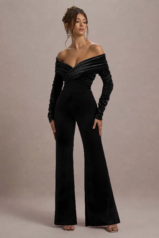 Women jumpsuits with spaghetti - strap tops for a delicate and breezy lookBorealis | Black Velvet Long-Sleeved Bardot Jumpsuit Women jumpsuits with spaghetti - strap tops for a delicate and breezy lookBorealis | Black Velvet Long-Sleeved Bardot Jumpsuit