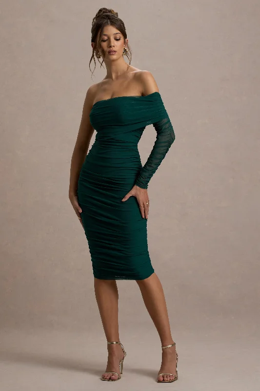Printed Abstract Women Dress for a Modern and Artistic AppealBijou | Bottle Green Asymmetric Bardot Mesh Ruched Midi Dress Printed Abstract Women Dress for a Modern and Artistic AppealBijou | Bottle Green Asymmetric Bardot Mesh Ruched Midi Dress