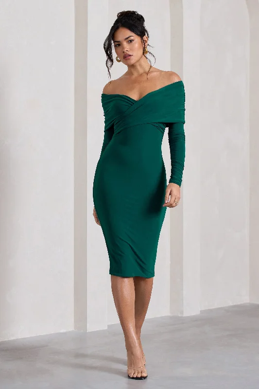 Mini Women Dress with a Short Hem for a Young and Trendy StyleFlatter Me | Bottle Green Twist Front Bardot Midi Dress Mini Women Dress with a Short Hem for a Young and Trendy StyleFlatter Me | Bottle Green Twist Front Bardot Midi Dress