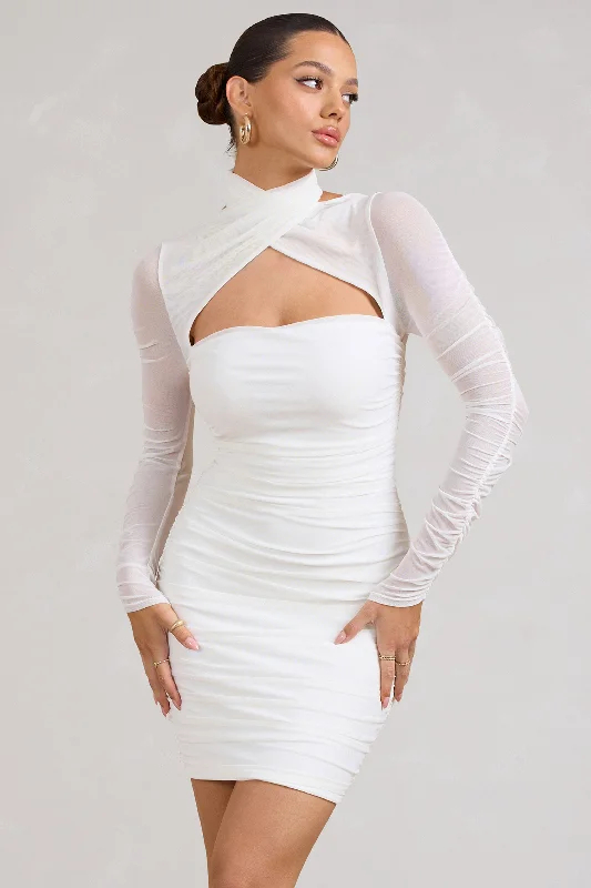 Shift Women Dress with a Simple and Classic Design for Everyday WearBouquet Toss | White Ruched Mesh Long-Sleeved Mini Dress Shift Women Dress with a Simple and Classic Design for Everyday WearBouquet Toss | White Ruched Mesh Long-Sleeved Mini Dress