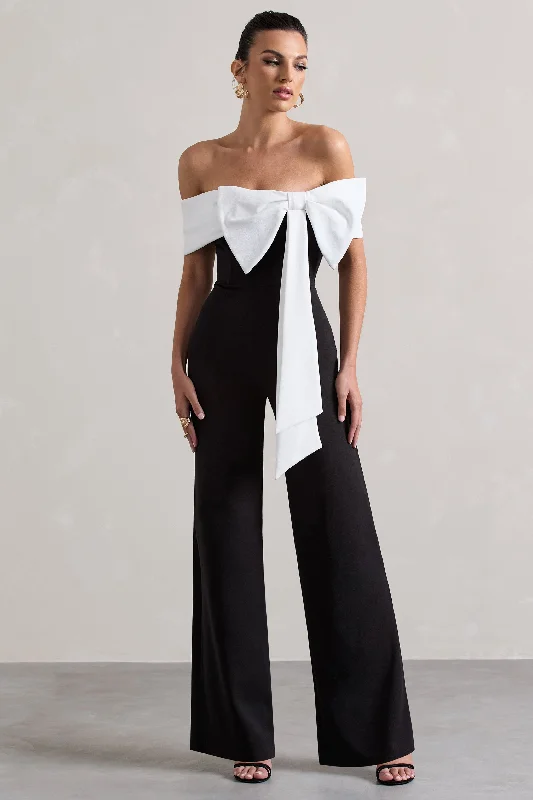 Women jumpsuits with a keyhole back for a unique detailBower | Black Bardot Straight-Leg Jumpsuit With Bow Women jumpsuits with a keyhole back for a unique detailBower | Black Bardot Straight-Leg Jumpsuit With Bow