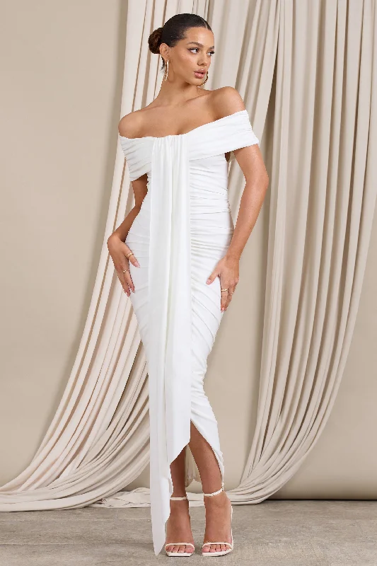 Sleeveless Women Dress in Bright Colors for Summer PartiesCamrin | White Ruched Bardot Maxi Dress With Train Detail Sleeveless Women Dress in Bright Colors for Summer PartiesCamrin | White Ruched Bardot Maxi Dress With Train Detail