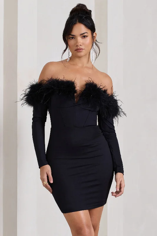 Mini Women Dress with a Short Hem for a Young and Trendy StyleCelia | Black Plunge Neck Bardot Mini Dress With Feather Trim Detail Mini Women Dress with a Short Hem for a Young and Trendy StyleCelia | Black Plunge Neck Bardot Mini Dress With Feather Trim Detail