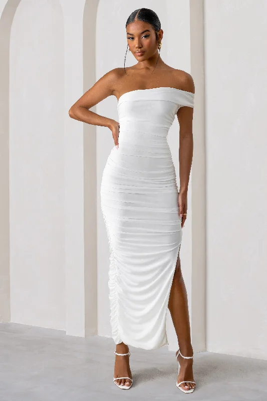 Maxi Women Dress with Floral Print for a Bohemian VibeCeline | White Asymmetric One Shoulder Ruched Maxi Dress With Curved Cut Out Maxi Women Dress with Floral Print for a Bohemian VibeCeline | White Asymmetric One Shoulder Ruched Maxi Dress With Curved Cut Out