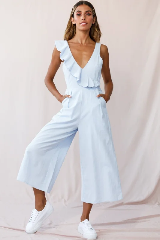 Women jumpsuits with high - low hems for a modern and fashion - forward styleCheryl Ruffle Strap Wide Leg Jumpsuit Steel Blue Women jumpsuits with high - low hems for a modern and fashion - forward styleCheryl Ruffle Strap Wide Leg Jumpsuit Steel Blue