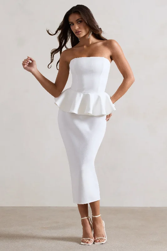 Plus Size Women Dress with a Flattering A - Line Cut for Comfort and StyleChicago | White Bodycon Bandeau Midi Dress With Peplum Detail Plus Size Women Dress with a Flattering A - Line Cut for Comfort and StyleChicago | White Bodycon Bandeau Midi Dress With Peplum Detail
