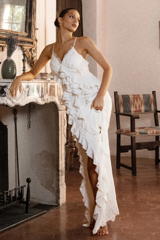 Backless Women Dress for a Sexy and Alluring Look at Evening EventsClematis | White Lace Strappy Ruffled Maxi Dress Backless Women Dress for a Sexy and Alluring Look at Evening EventsClematis | White Lace Strappy Ruffled Maxi Dress