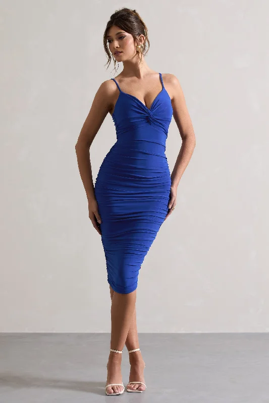 Strapless Women Dress with a Built - in Bra for Comfort and SupportDesired | Royal Blue Knot Detail Ruched Midi Dress Strapless Women Dress with a Built - in Bra for Comfort and SupportDesired | Royal Blue Knot Detail Ruched Midi Dress