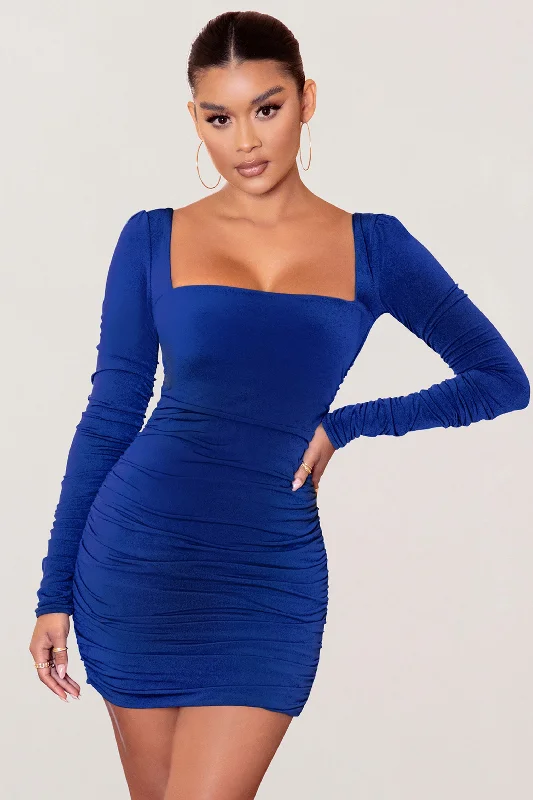 Empire Waist Women Dress to Accentuate the Bust and Conceal the WaistMuse | Royal Blue Long Sleeve Square Neck Ruched Mini Dress Empire Waist Women Dress to Accentuate the Bust and Conceal the WaistMuse | Royal Blue Long Sleeve Square Neck Ruched Mini Dress