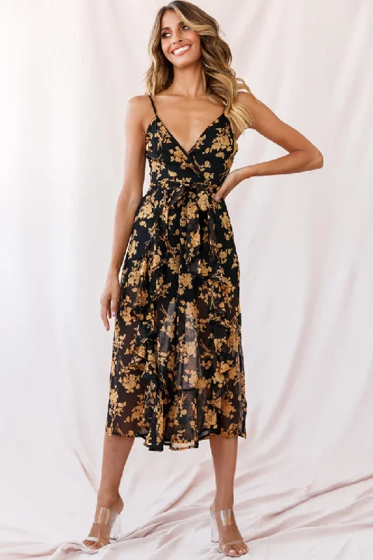 Women jumpsuits with tassel trims for a playful and fashionable touchConstance Thin Strap Midi Jumpsuit Black/Orange Flower Women jumpsuits with tassel trims for a playful and fashionable touchConstance Thin Strap Midi Jumpsuit Black/Orange Flower