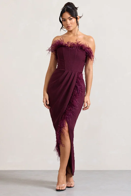 Empire Waist Women Dress to Accentuate the Bust and Conceal the WaistCosmo | Burgundy Bandeau Feather Corset Split Maxi Dress Empire Waist Women Dress to Accentuate the Bust and Conceal the WaistCosmo | Burgundy Bandeau Feather Corset Split Maxi Dress