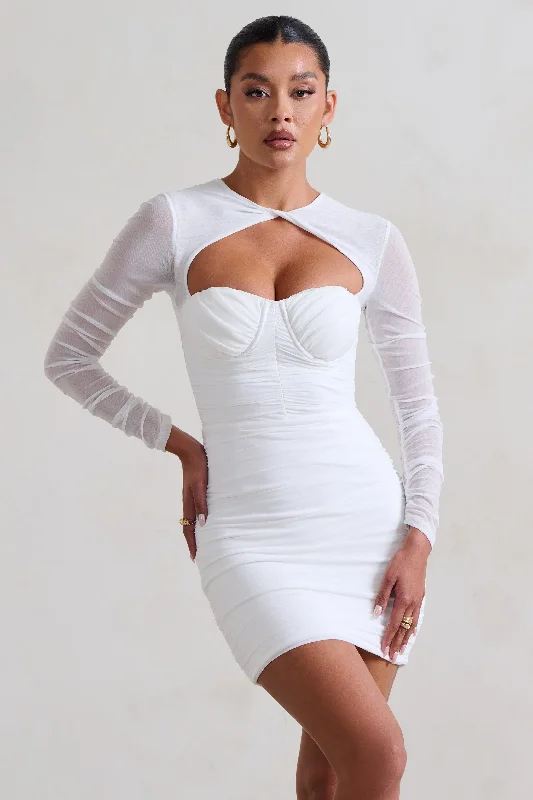Strapless Women Dress with a Built - in Bra for Comfort and SupportDaiquiri | White Ruched Cut Out Mesh Mini Dress With Long Sleeves Strapless Women Dress with a Built - in Bra for Comfort and SupportDaiquiri | White Ruched Cut Out Mesh Mini Dress With Long Sleeves