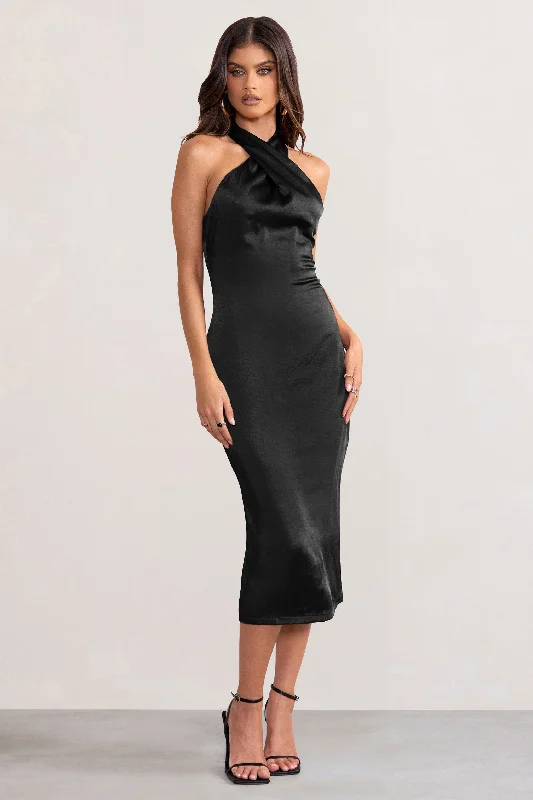 Mermaid - Style Women Dress with a Fitted Silhouette for Special OccasionsDazzling | Black Satin Cross Over Halter Neck Midi Dress Mermaid - Style Women Dress with a Fitted Silhouette for Special OccasionsDazzling | Black Satin Cross Over Halter Neck Midi Dress
