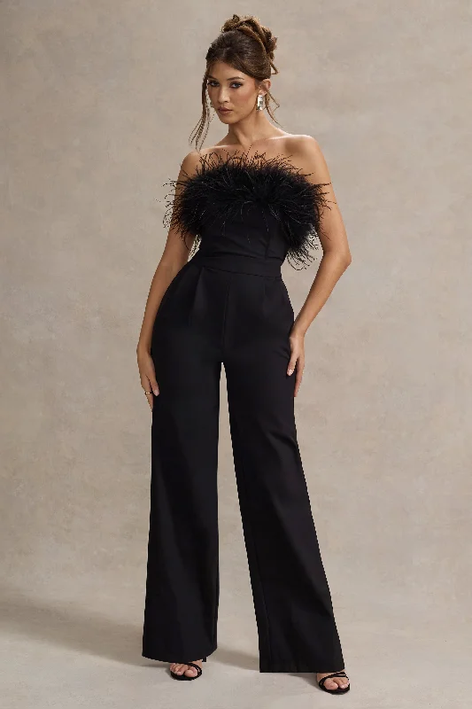 Women jumpsuits with gathered pants for a voluminous and elegant lookDelta | Black Feather Bandeau Wide-Leg Jumpsuit Women jumpsuits with gathered pants for a voluminous and elegant lookDelta | Black Feather Bandeau Wide-Leg Jumpsuit