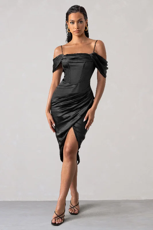 Backless Women Dress for a Sexy and Alluring Look at Evening EventsDeserving | Black Satin Bardot Sleeve Corset Wrap Midi Dress Backless Women Dress for a Sexy and Alluring Look at Evening EventsDeserving | Black Satin Bardot Sleeve Corset Wrap Midi Dress