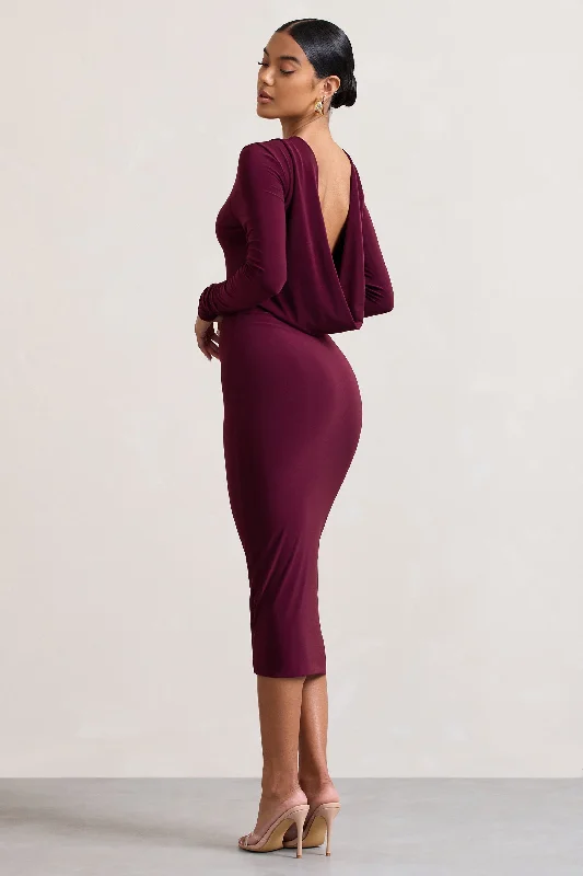 Sleeveless Women Dress in Bright Colors for Summer PartiesDynasty Darling | Burgundy Cowl-Back Long-Sleeved Bodycon Midi Dress Sleeveless Women Dress in Bright Colors for Summer PartiesDynasty Darling | Burgundy Cowl-Back Long-Sleeved Bodycon Midi Dress