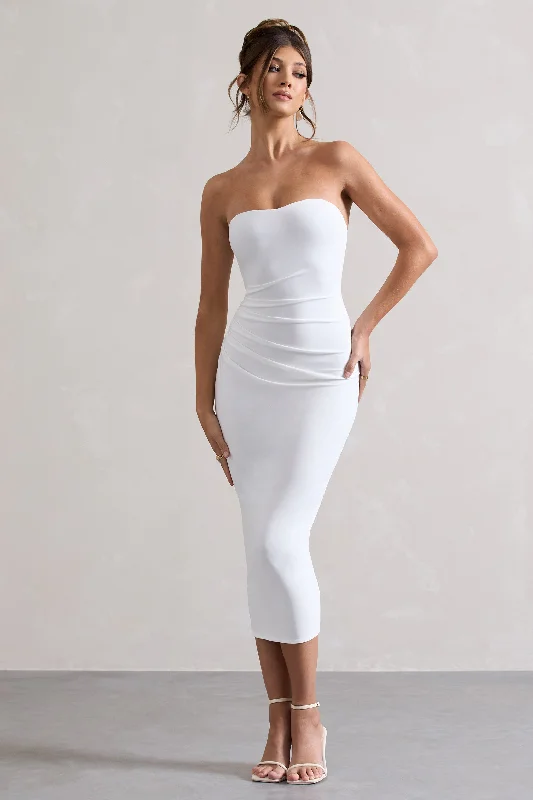 Printed Abstract Women Dress for a Modern and Artistic AppealEast End | White Strapless Gathered Midi Dress Printed Abstract Women Dress for a Modern and Artistic AppealEast End | White Strapless Gathered Midi Dress