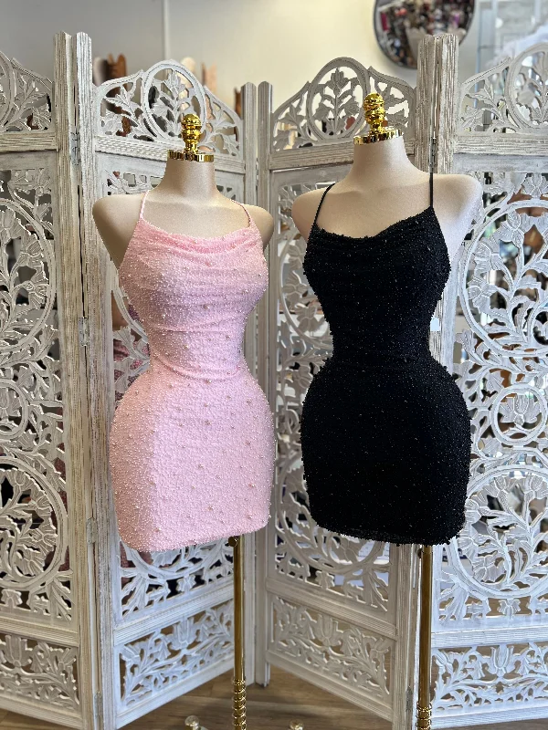 Sleeveless Women Dress in Bright Colors for Summer PartiesEmbellished Cowl Neck Mini Dress- Stretchy, Estira Sleeveless Women Dress in Bright Colors for Summer PartiesEmbellished Cowl Neck Mini Dress- Stretchy, Estira
