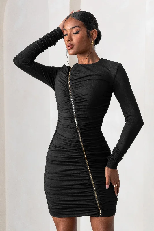 Strapless Women Dress with a Built - in Bra for Comfort and SupportEmpowered | Black High Neck Long Sleeves Zip Detail Mini Dress Strapless Women Dress with a Built - in Bra for Comfort and SupportEmpowered | Black High Neck Long Sleeves Zip Detail Mini Dress