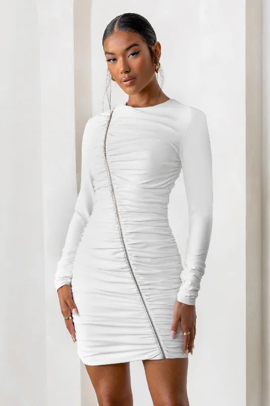 Sleeveless Women Dress in Bright Colors for Summer PartiesEmpowered | White High Neck Long Sleeves Zip Detail Mini Dress Sleeveless Women Dress in Bright Colors for Summer PartiesEmpowered | White High Neck Long Sleeves Zip Detail Mini Dress