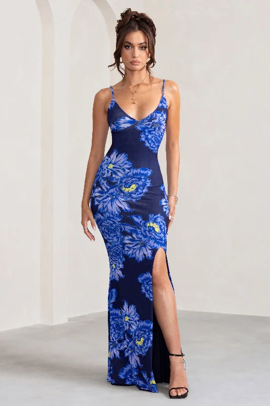 Ball Gown Women Dress with a Full Skirt for a Princess - like LookFarah | Blue Floral Print Plunge Neck Maxi Dress With Split Detail Ball Gown Women Dress with a Full Skirt for a Princess - like LookFarah | Blue Floral Print Plunge Neck Maxi Dress With Split Detail