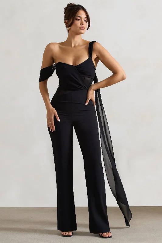 Women jumpsuits with beaded embellishments for a formal and fancy eventFatale | Black Draped-Sleeve Corseted Jumpsuit With Sash Women jumpsuits with beaded embellishments for a formal and fancy eventFatale | Black Draped-Sleeve Corseted Jumpsuit With Sash