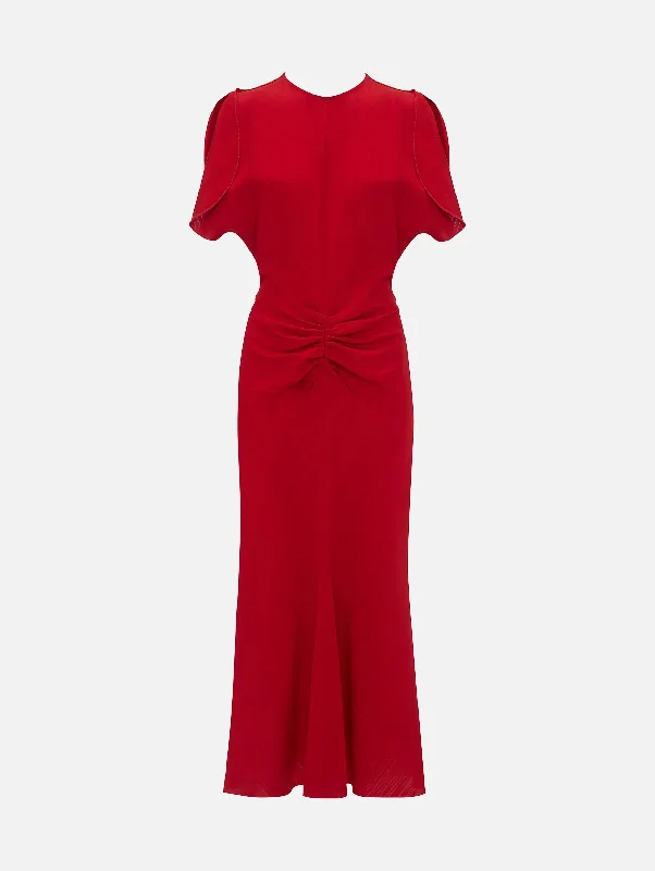Lace - Embellished Women Dress for an Elegant and Sophisticated AppearanceGathered Waist Midi Dress in Carmine Lace - Embellished Women Dress for an Elegant and Sophisticated AppearanceGathered Waist Midi Dress in Carmine