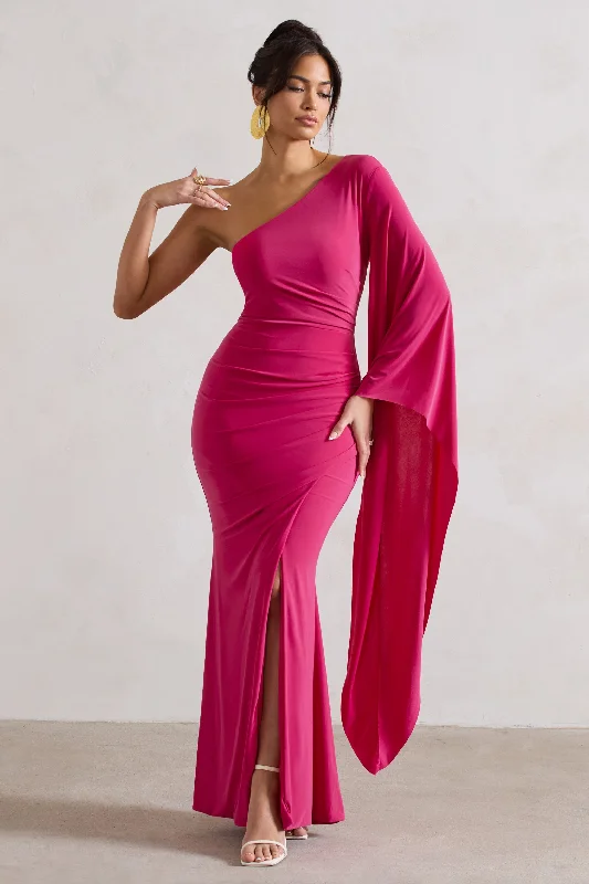 Wrap - Style Women Dress with Adjustable Fit for All Body TypesGiada | Dark Pink Ruched One Shoulder Cape Sleeve Maxi Dress Wrap - Style Women Dress with Adjustable Fit for All Body TypesGiada | Dark Pink Ruched One Shoulder Cape Sleeve Maxi Dress