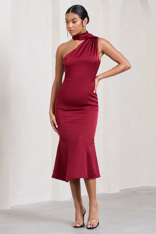 Maxi Women Dress with Floral Print for a Bohemian VibeGolden Girl | Burgundy Satin One Shoulder High-Neck Flared Midi Dress Maxi Women Dress with Floral Print for a Bohemian VibeGolden Girl | Burgundy Satin One Shoulder High-Neck Flared Midi Dress