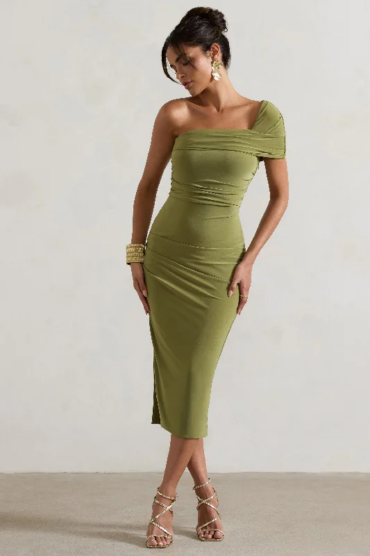 Backless Women Dress for a Sexy and Alluring Look at Evening EventsHawaii | Olive Asymmetric One-Shoulder Split Midi Dress Backless Women Dress for a Sexy and Alluring Look at Evening EventsHawaii | Olive Asymmetric One-Shoulder Split Midi Dress