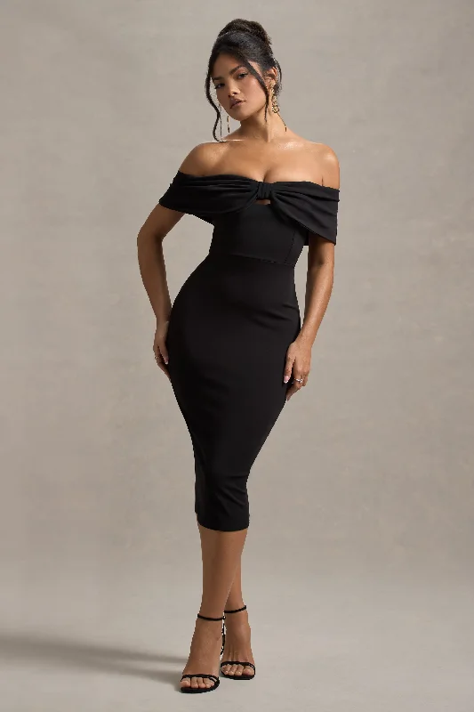 Lace - Embellished Women Dress for an Elegant and Sophisticated AppearanceHope | Black Bow Bardot Midi Dress Lace - Embellished Women Dress for an Elegant and Sophisticated AppearanceHope | Black Bow Bardot Midi Dress