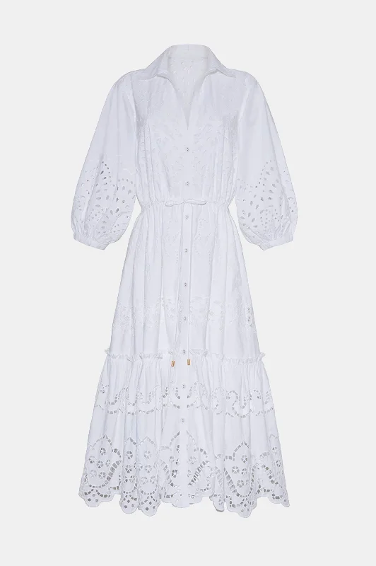 Strapless Women Dress with a Built - in Bra for Comfort and SupportHutton Dress in Eyelet White Strapless Women Dress with a Built - in Bra for Comfort and SupportHutton Dress in Eyelet White