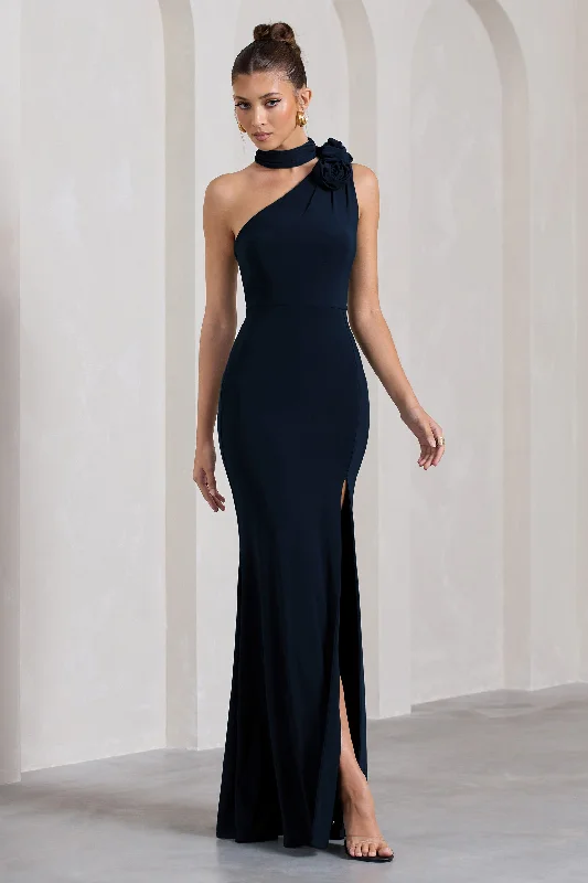Long - Sleeve Women Dress in Velvet for a Luxurious Winter LookIn Suspense | Navy One Shoulder Halter-Neck Split Maxi Dress With Flower Long - Sleeve Women Dress in Velvet for a Luxurious Winter LookIn Suspense | Navy One Shoulder Halter-Neck Split Maxi Dress With Flower