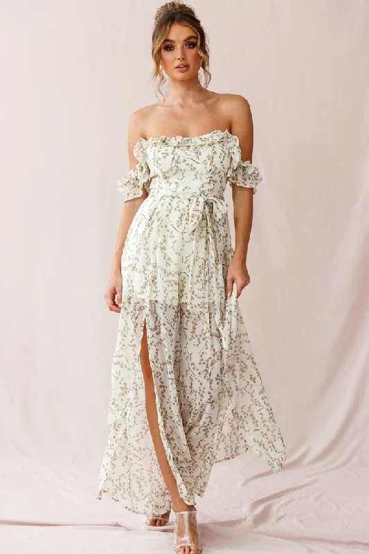 Women jumpsuits with a cinched waist for a defined silhouetteJazz Bardot Neckline Wide Leg Split Jumpsuit Floral Print White Women jumpsuits with a cinched waist for a defined silhouetteJazz Bardot Neckline Wide Leg Split Jumpsuit Floral Print White