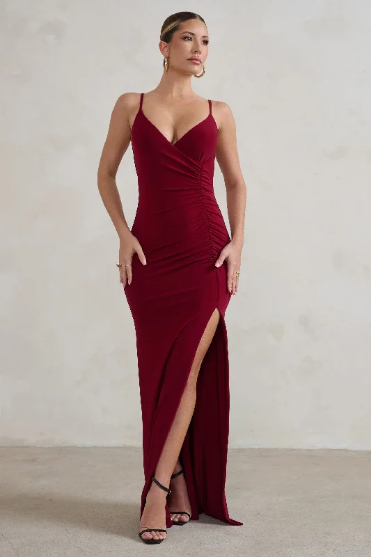 Printed Abstract Women Dress for a Modern and Artistic AppealJeanne | Berry Red Plunge Ruched Cami Maxi Dress With Split Printed Abstract Women Dress for a Modern and Artistic AppealJeanne | Berry Red Plunge Ruched Cami Maxi Dress With Split