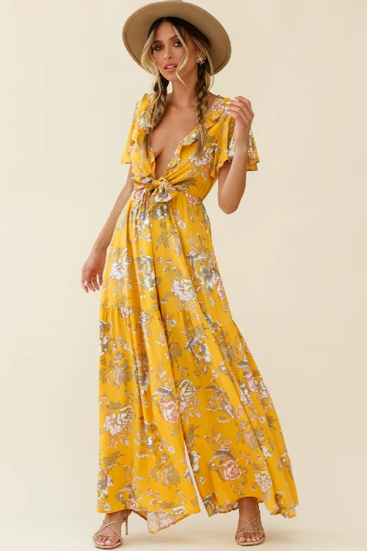 Women jumpsuits with geometric prints for a modern and contemporary aestheticKasey Tied Bust Wide Leg Floral Print Jumpsuit Mustard Women jumpsuits with geometric prints for a modern and contemporary aestheticKasey Tied Bust Wide Leg Floral Print Jumpsuit Mustard
