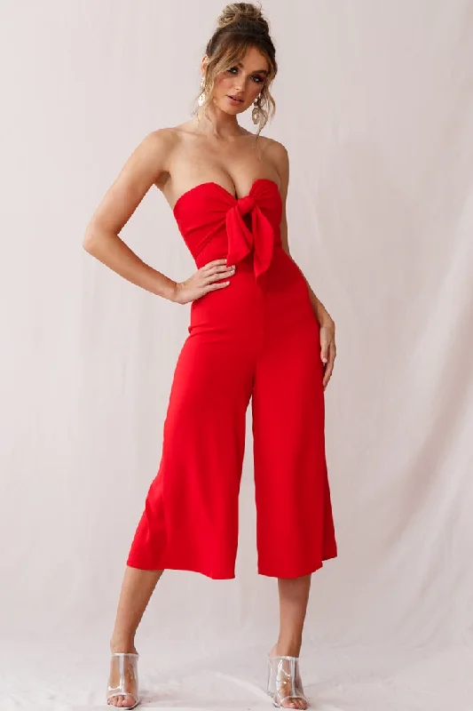 Women jumpsuits with a V - neck for a flattering and elongating effectKhloe Summer Bow Tie Jumpsuit Red Women jumpsuits with a V - neck for a flattering and elongating effectKhloe Summer Bow Tie Jumpsuit Red