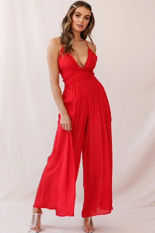 Strapless women jumpsuits for a beachside wedding or resort wearLaney Wide Leg Ruffle Detail Jumpsuit Red Strapless women jumpsuits for a beachside wedding or resort wearLaney Wide Leg Ruffle Detail Jumpsuit Red