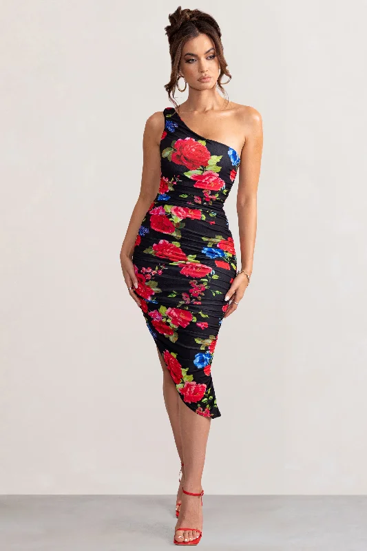 Plus Size Women Dress with a Flattering A - Line Cut for Comfort and StyleLate Night | Black Floral Print Asymmetric One Shoulder Ruched Midi Dress Plus Size Women Dress with a Flattering A - Line Cut for Comfort and StyleLate Night | Black Floral Print Asymmetric One Shoulder Ruched Midi Dress