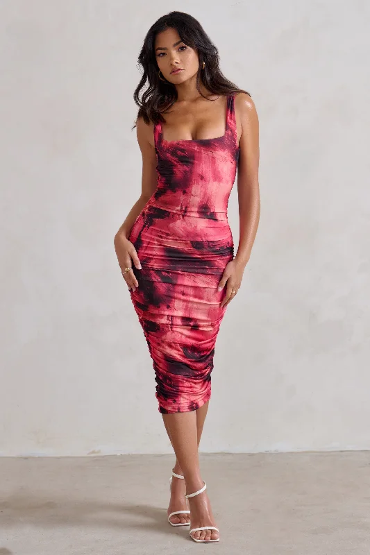 Printed Abstract Women Dress for a Modern and Artistic AppealLisbon | Pink Printed Square Neck Ruched Midi Dress Printed Abstract Women Dress for a Modern and Artistic AppealLisbon | Pink Printed Square Neck Ruched Midi Dress