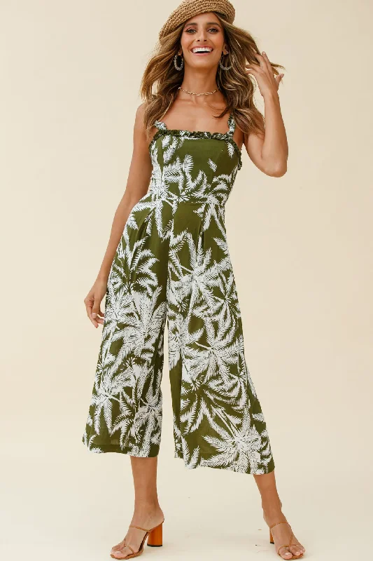 Women jumpsuits with pleated pants for a classic and sophisticated lookMagdalene Frill Strap Midi Jumpsuit Palm Print Olive Women jumpsuits with pleated pants for a classic and sophisticated lookMagdalene Frill Strap Midi Jumpsuit Palm Print Olive