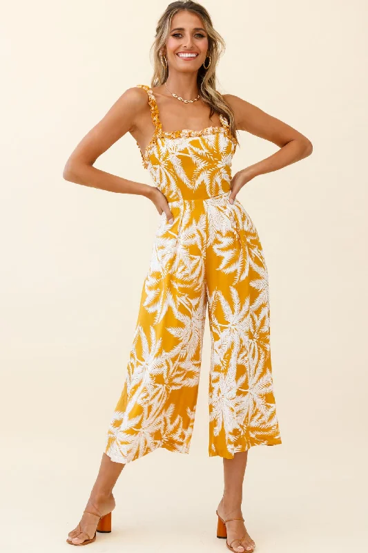 Women jumpsuits with bow - tie details for a sweet and charming appearanceMagdalene Frill Strap Midi Jumpsuit Palm Print Yellow Women jumpsuits with bow - tie details for a sweet and charming appearanceMagdalene Frill Strap Midi Jumpsuit Palm Print Yellow