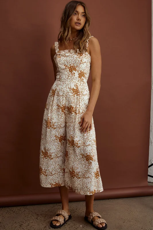 Leather women jumpsuits for a bold and confident appearanceMagdalene Frill Strap Midi Jumpsuit Vintage Floral Tan Leather women jumpsuits for a bold and confident appearanceMagdalene Frill Strap Midi Jumpsuit Vintage Floral Tan