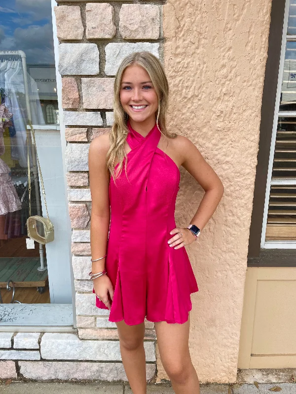 Lace - Embellished Women Dress for an Elegant and Sophisticated AppearanceMagenta Halter Tie Neck Romper Lace - Embellished Women Dress for an Elegant and Sophisticated AppearanceMagenta Halter Tie Neck Romper