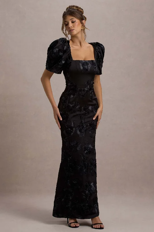 Mini Women Dress with a Short Hem for a Young and Trendy StyleMarilla | Black Mesh Floral Square-Neck Puff-Sleeve Maxi Dress Mini Women Dress with a Short Hem for a Young and Trendy StyleMarilla | Black Mesh Floral Square-Neck Puff-Sleeve Maxi Dress