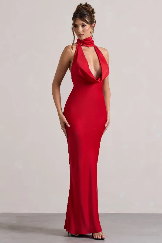 Wrap - Style Women Dress with Adjustable Fit for All Body TypesMatea | Red Satin Cowl-Neck Maxi Dress Wrap - Style Women Dress with Adjustable Fit for All Body TypesMatea | Red Satin Cowl-Neck Maxi Dress