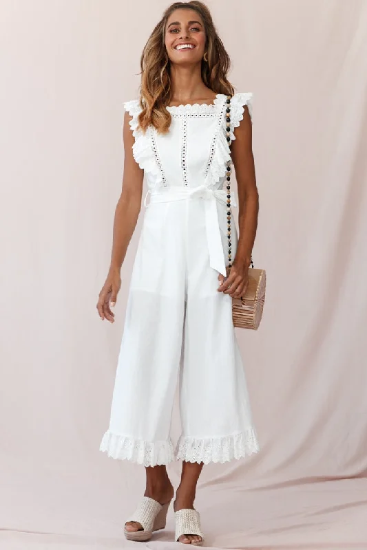 Women jumpsuits with side slits on the pants for a touch of allureMeadow Ruffle Strap Open Back Midi Jumpsuit White Women jumpsuits with side slits on the pants for a touch of allureMeadow Ruffle Strap Open Back Midi Jumpsuit White